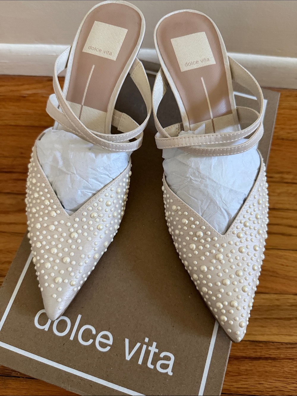 Dolce Vita Ivory Pearl-Studded Pointed Mules with Ankle Straps